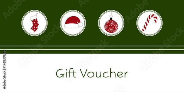 Fototapeta Gift Voucher - Schriftzug in englischer Sprache - Geschenkgutschein . Gutscheinkarte mit Weihnachtsstrumpf, Weihnachtsmütze, Christbaumkugel und Zuckerstange.