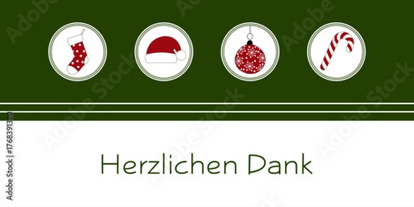 Fototapeta Herzlichen Dank - Schriftzug in deutscher Sprache. Grußkarte mit Weihnachtsstrumpf, Weihnachtsmütze, Christbaumkugel und Zuckerstange.