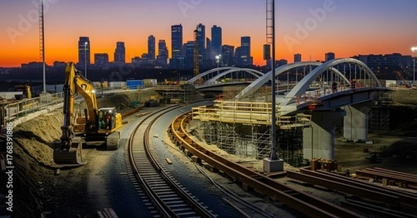 Obraz Construction site with railway tracks and city skyline at sunset