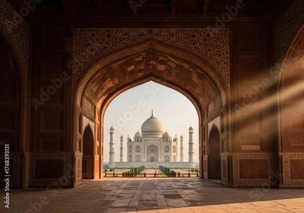 Fototapeta Majestic Taj Mahal standing gracefully as a timeless symbol of love and Mughal architecture.
