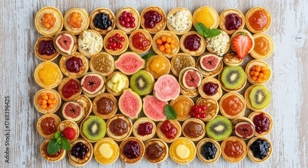 Fototapeta Overhead view of assorted fruit tarts on a wooden
