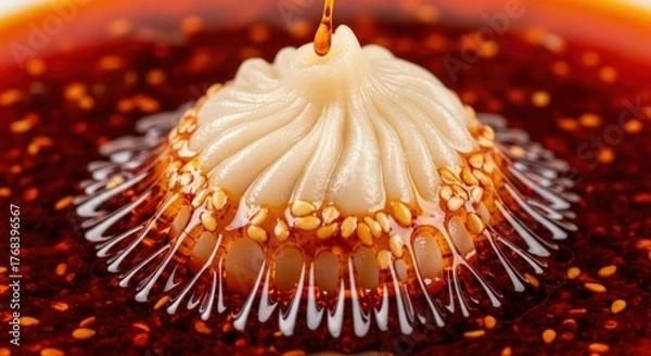 Fototapeta Close-up of a dollop of cream on a red sauce with