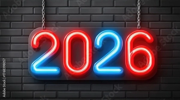 Obraz Neon sign display of 2026 in vibrant red and blue on dark background for futuristic event promotion and new year celebration design