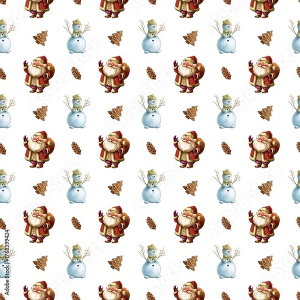 Fototapeta Festive holiday pattern featuring Santa Claus, snowmen, pine cones, and Christmas trees on a white background