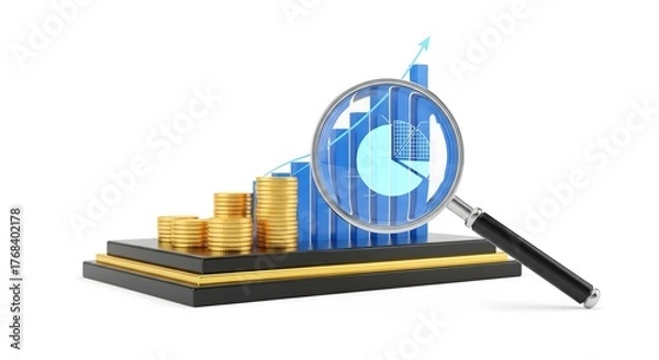 Fototapeta Magnifying glass focusing on a blue financial bar chart with a pie graph, placed next to stacks of golden coins, symbolizing business analysis, market growth, investment, and economic success