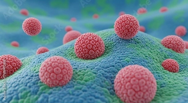 Fototapeta Microscopic 3D rendering of Human Papillomavirus (HPV) virions on the surface of a mucosal cell membrane, illustrating a viral infection, medical science, and cellular biology concept