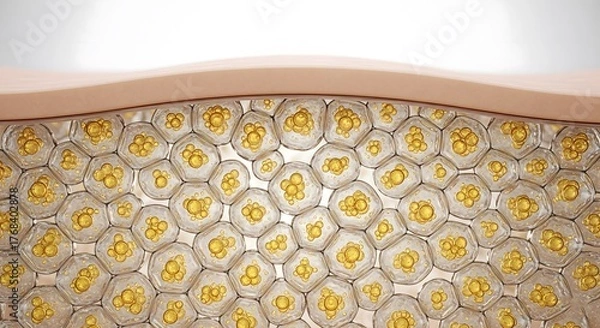 Fototapeta Microscopic cross-section of skin showing adipose cells or fat cells with golden lipid droplets inside a cellular matrix