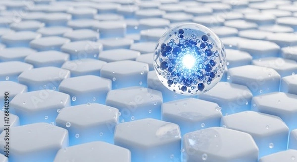 Fototapeta Microscopic skincare molecule or cell with a glowing core above a patterned honeycomb or fiber surface representing science