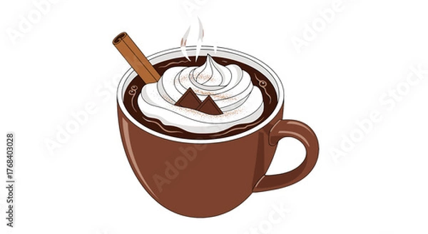 Fototapeta A steaming mug of rich hot cocoa topped with whipped cream, chocolate squares, and a cinnamon stick for extra flavor.
