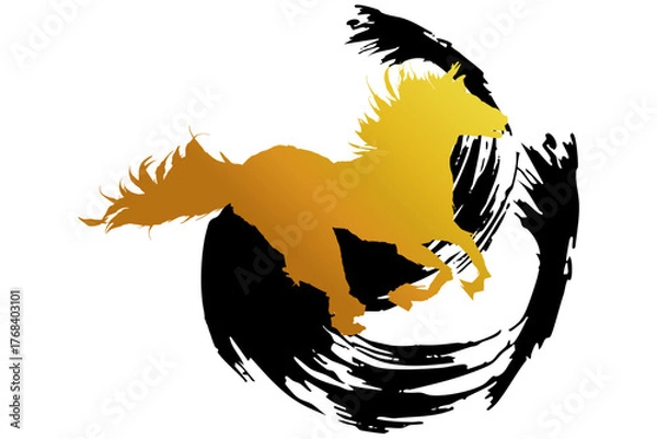 Obraz 筆文字「迎春」と馬のシルエットイラスト／午年・年賀状・干支素材