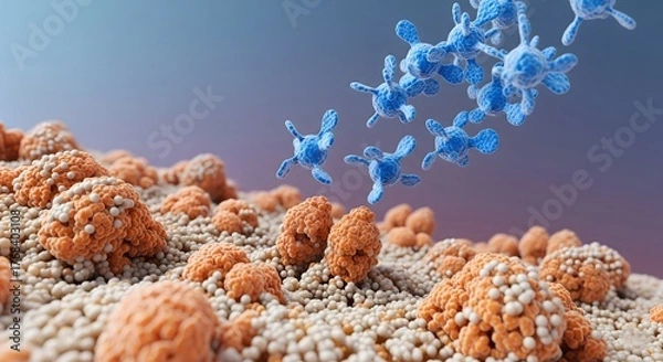 Fototapeta Microscopic T-cells or immunotherapies attacking orange cancer cells on human tissue representing oncology and advanced medical treatment research