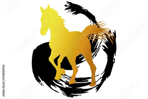 Obraz 筆文字「迎春」と馬のシルエットイラスト／午年・年賀状・干支素材