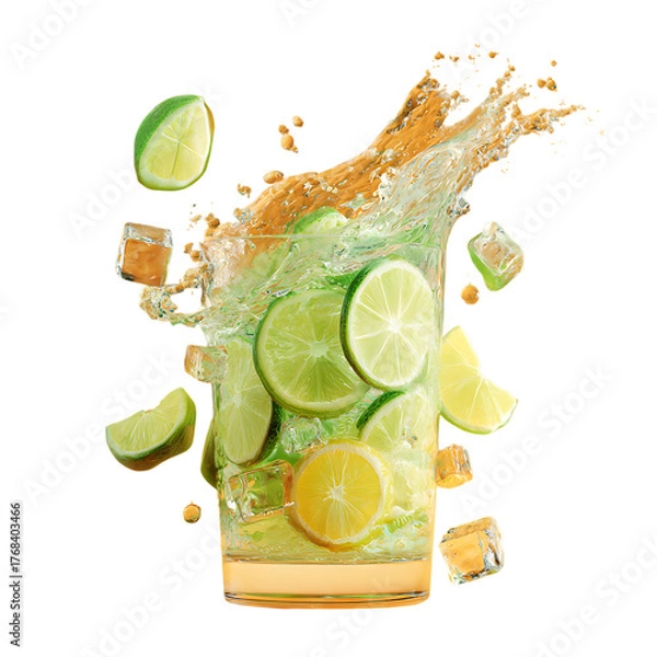 Obraz Concept art of a fresh citrus drink with slices, zest, and ice cubes splashing in mid air.