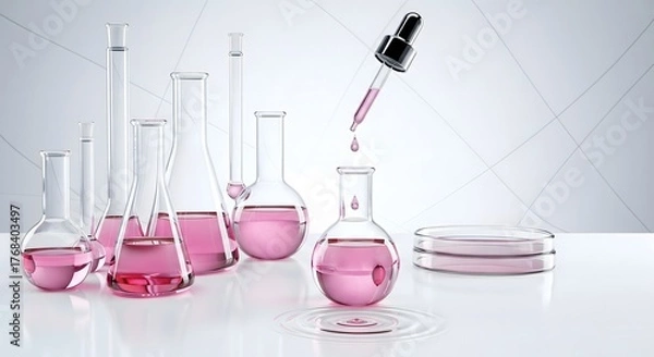 Fototapeta Minimalistic three-dimensional digital laboratory scene with various glassware containing pink liquid and a dropper releasing a single cosmetic drop for scientific research