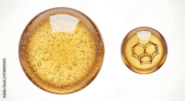 Fototapeta Natural cosmetic oil drops containing tiny bubbles and a glowing molecular structure for beauty and science concepts on a clean white background