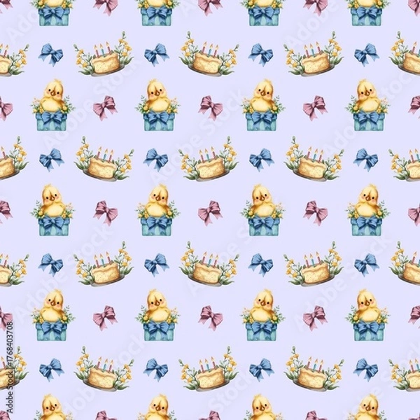 Fototapeta Colorful repeating pattern featuring cute chicks and birthday cakes with bows in a whimsical design