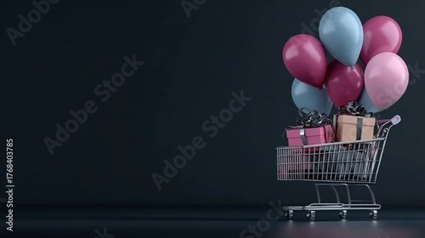 Fototapeta 3D shopping cart with gift boxes and pastel balloons on dark background, modern Black Friday or holiday sale banner with copy space for online store promotion.