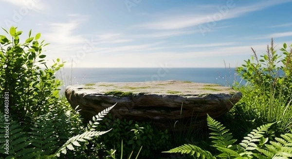 Fototapeta Natural stone moss-covered podium or rock pedestal surrounded by green foliage and ferns, overlooking a tranquil blue ocean horizon under a sunny sky for nature product display