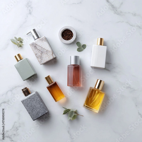 Fototapeta Elegant, minimalist flat lay of perfume bottles and natural elements on marble. Perfect for beauty, wellness, or spa concepts. Evokes luxury and sophistication.