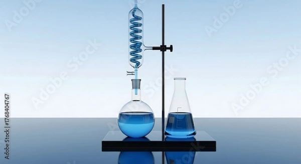 Fototapeta Precise 3D render of a distillation setup with a glass round-bottom flask and condenser column containing bright blue liquid in a laboratory