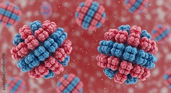Fototapeta Powerful 3D render of adenovirus or rotavirus particles, spherical in shape with complex red and blue protein capsids, on a microscopic red background