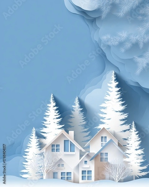 Fototapeta Paper-cut winter village background with snowy houses, pine trees, and layered blue sky, minimalist Christmas or New Year holiday backdrop with copy space for greeting cards or design.