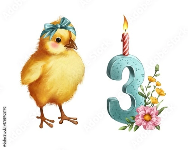Fototapeta Cute chick stands next to a birthday candle and number three with flowers in a simple scene