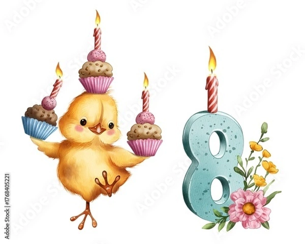 Fototapeta Colorful birthday scene with a chick carrying cupcakes and a candle for age eight