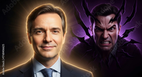 Fototapeta Two men, one man is a good angel and the other is screaming evil with a bad aura.