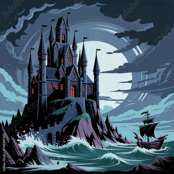 Fototapeta Illustration of a spooky castle on a cliff with a pirate ship in the sea under a stormy sky at night