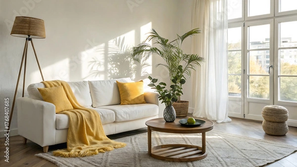 Fototapeta Bright and airy living room with natural light and cozy yellow accents