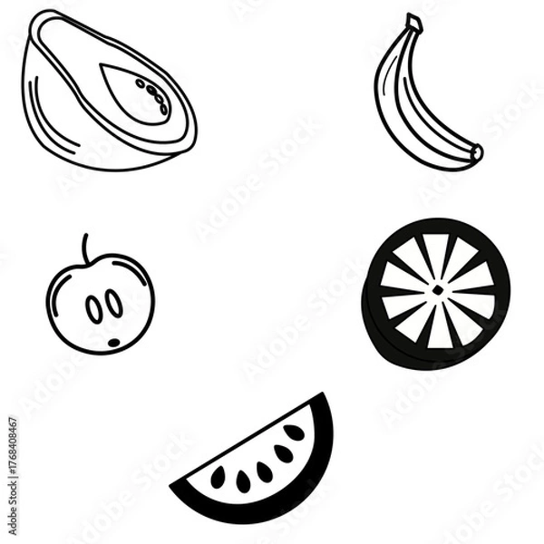 Obraz “Set of fruit outline icons – banana, watermelon, orange, and tropical fruits vector”