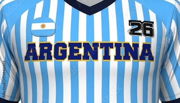Obraz Argentina soccer jersey close-up shows team pride for sports fans and patriotic celebrations, number 26 visible for player recognition