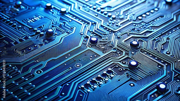 Fototapeta Close up of a blue illuminated electronic circuit board with intricate pathways and components