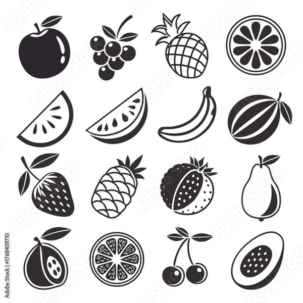 Obraz “Fruit vector icon set in flat black design”