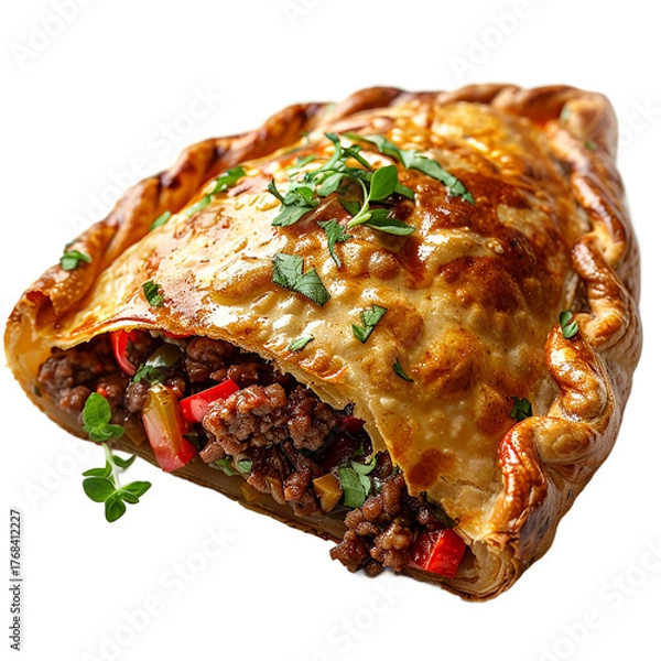Fototapeta Close up of a golden brown pastry filled with meat and vegetables on transparent background