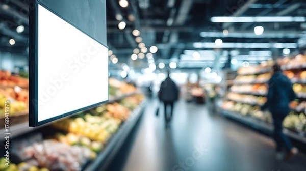 Obraz Photograph of grocery store produce aisle with blank digital advertising screen and fresh fruits.