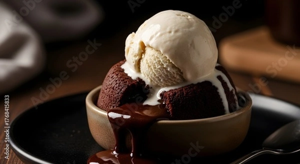 Fototapeta Warm chocolate molten lava cake with a scoop of creamy vanilla ice cream melting on top in a dark, moody setting