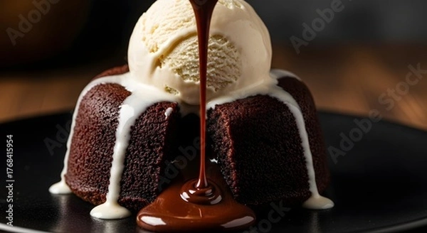 Fototapeta Rich Chocolate Lava Cake with Vanilla Ice Cream and Hot Fudge Sauce