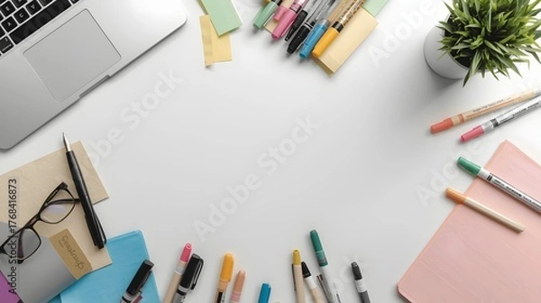 Fototapeta a well organized creative workspace flat lay with modern stationery and minimal aesthetic elements