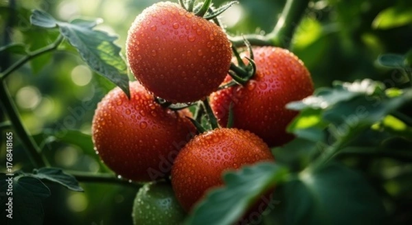 Fototapeta Cluster of ripe, wet red tomatoes on a vine amidst green leaves, sun-drenched