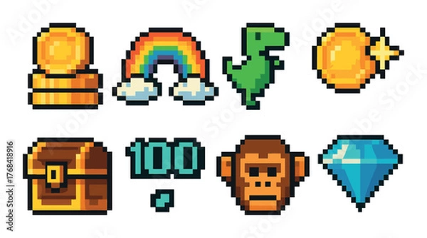 Fototapeta Pixel art icons: coins, rainbow, dinosaur, chest, numbers, monkey, diamond