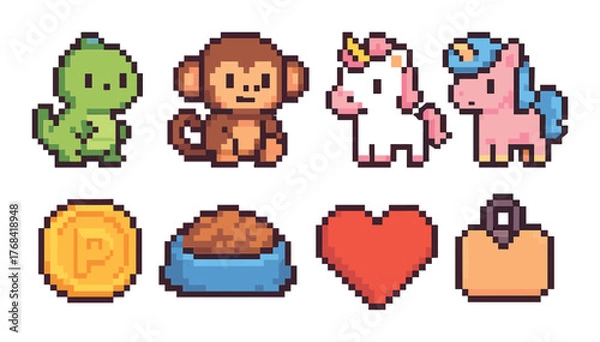 Fototapeta Pixel art animal characters with coin, heart, and food bowl