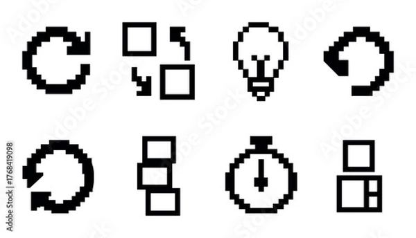 Fototapeta Set of eight pixelated icons featuring arrows, light bulb, and stopwatch against dark background