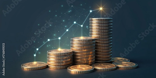Fototapeta Realistic coin stack floating holographic perx stacked coin financial growth digital finance investment golden coin currency