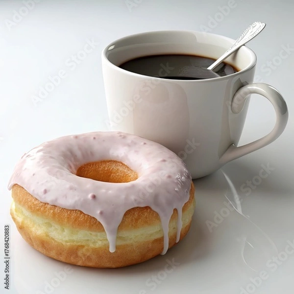 Fototapeta A pink frosted donut with sprinkles and a cup of coffee isolated on white background
