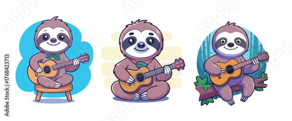Fototapeta Three adorable cartoon sloths strumming ukulele songs, perfect for music education and children's books, evokes happiness and playful creativity