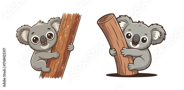 Fototapeta Adorable cartoon koalas hugging tree trunks bring charm to any project, perfect for kid's themes, playful designs, and heartwarming illustrations