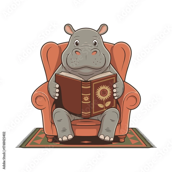 Fototapeta Charming cartoon hippo engrossed in a captivating book while relaxing in a cozy armchair, creating a whimsical and inviting scene for any project