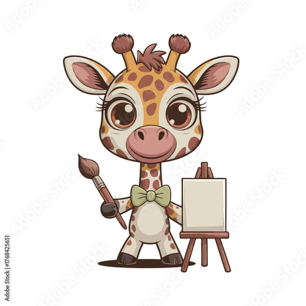Fototapeta Adorable cartoon giraffe artist holding paintbrush ready to create masterpiece on easel, perfect for creative projects and children's themes
